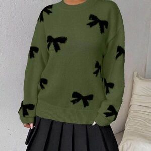 Dark Green Sweater with Black Bow Accents-SOFT